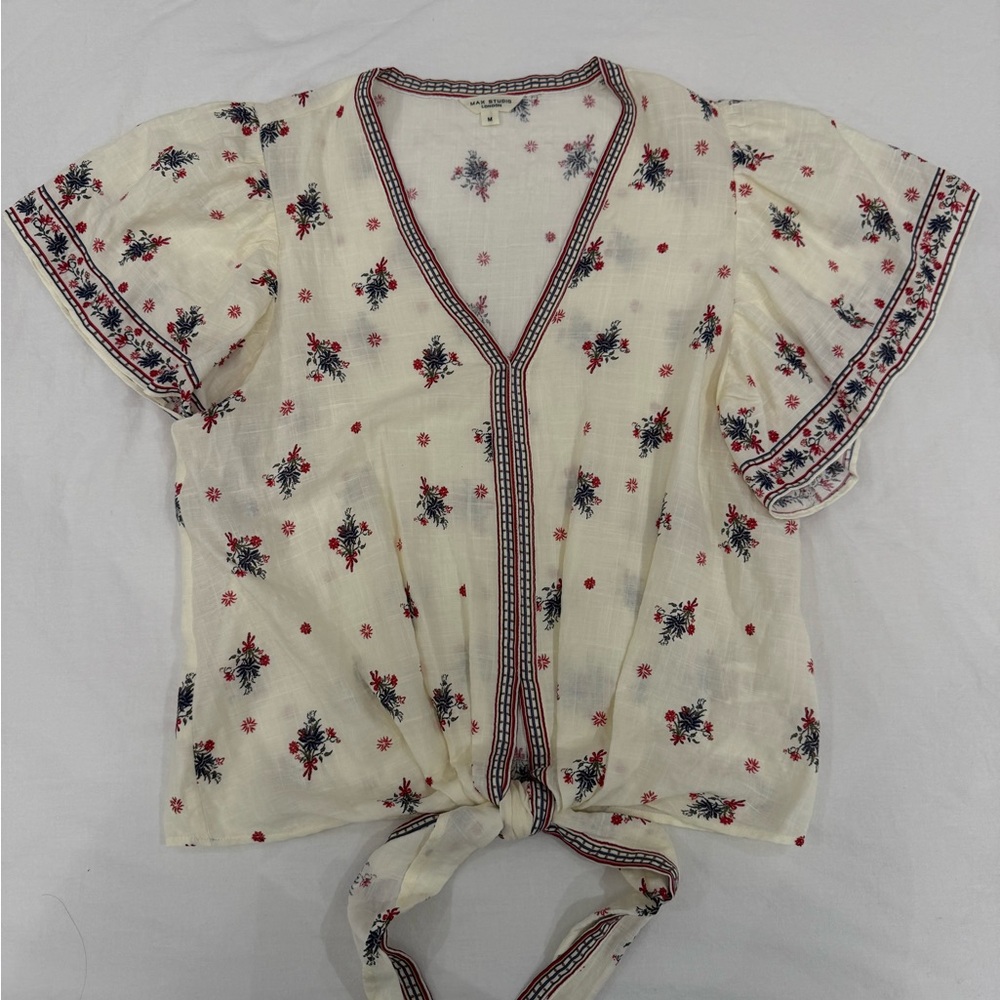 Max Studio Cream Floral Tie-Front Blouse